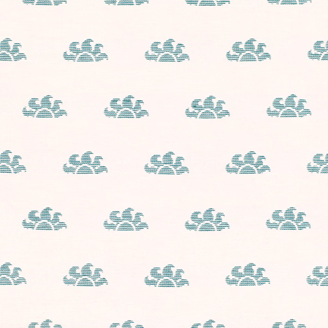 Warm cream fabric with small lagoon-teal floral motifs and broken horizontal texture