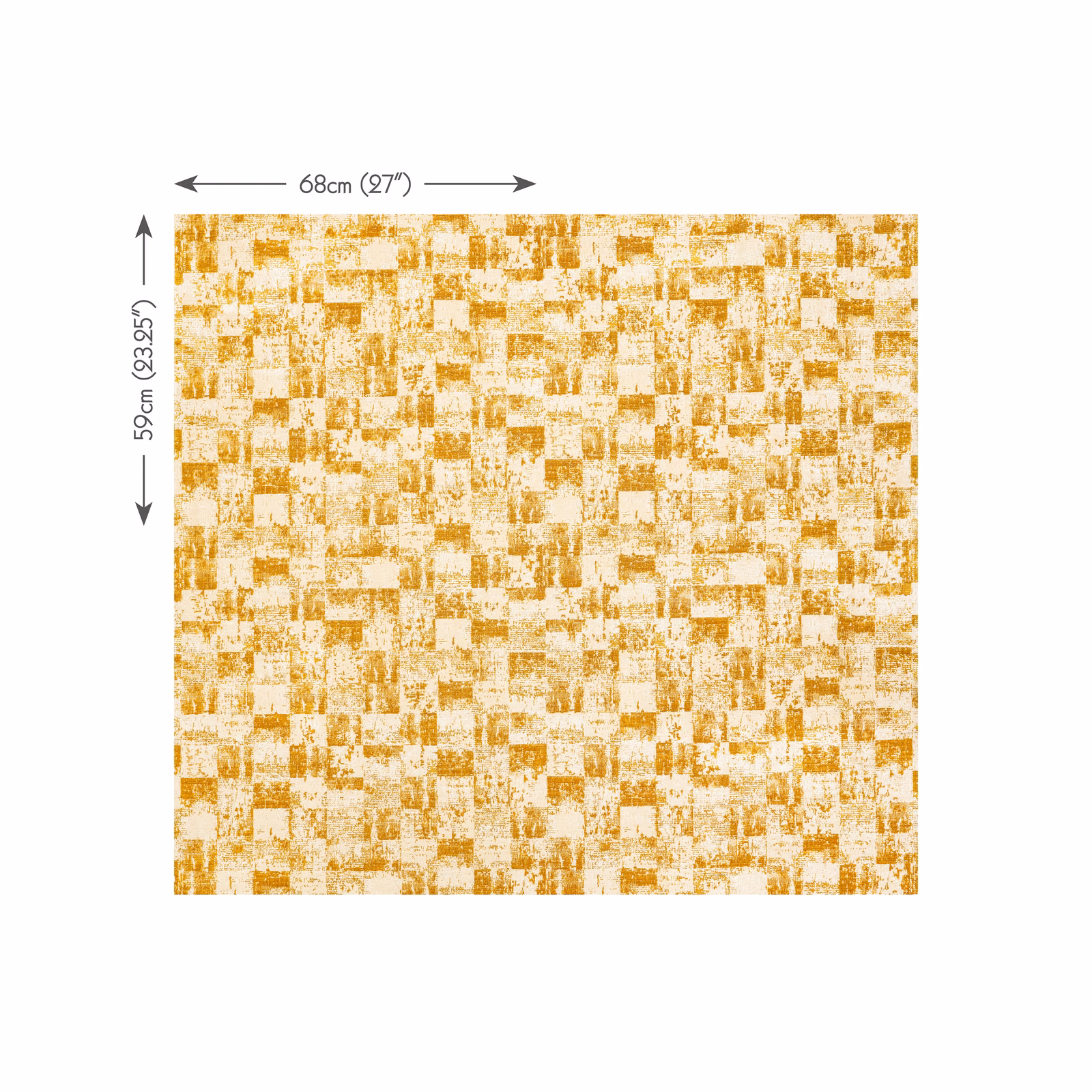 Warm ochre-gold textile with distressed cream blocks and irregular textured marks