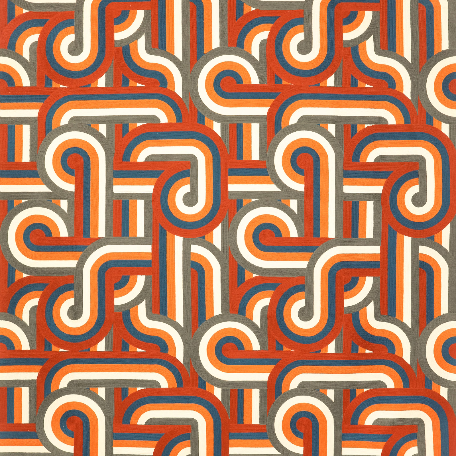 Rust, teal, cream and olive interlocking geometric bands in a bold repeat