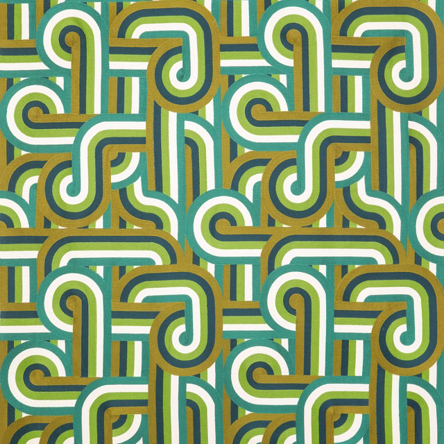 Teal, cream, olive and ochre interlocking loops over fine vertical stripes