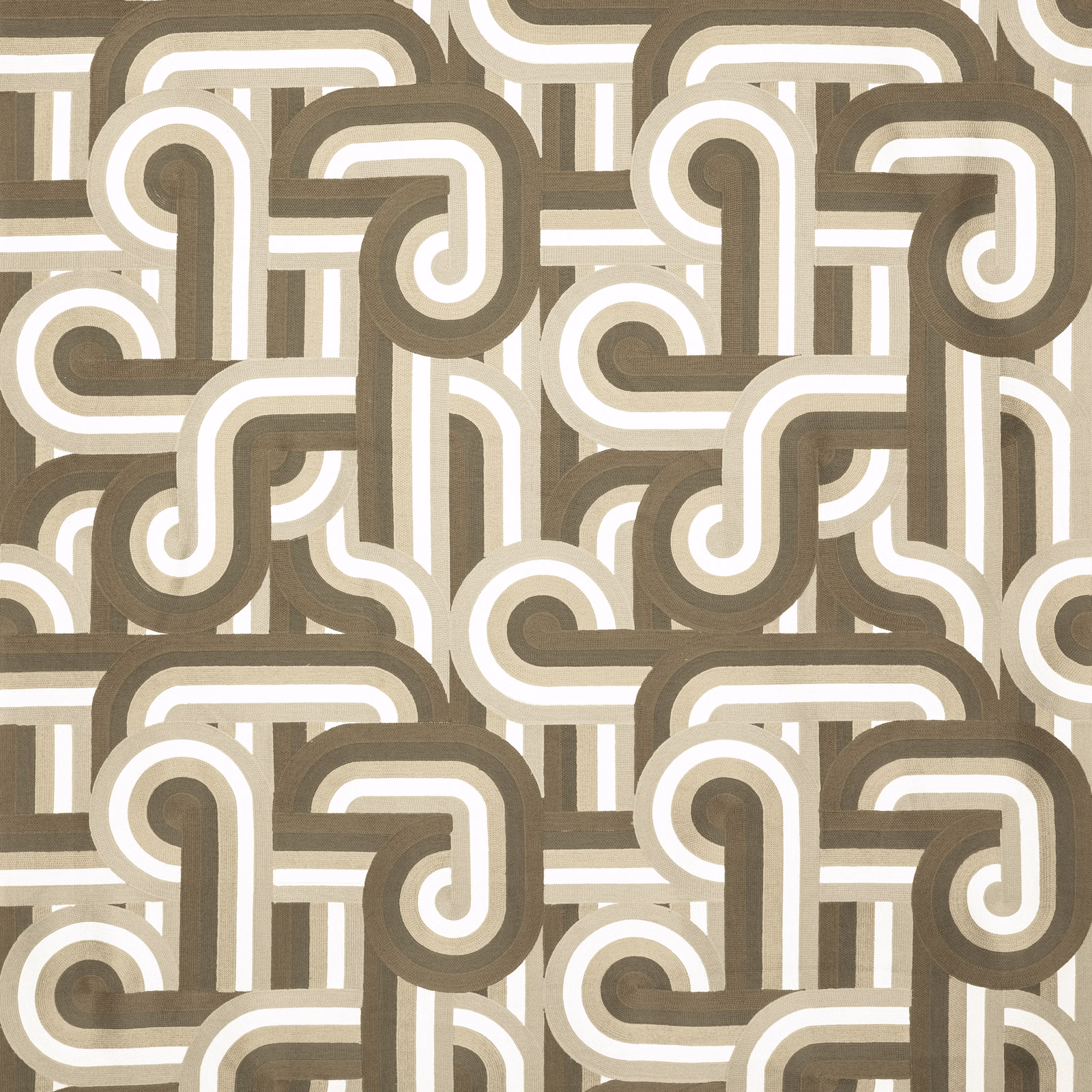 Taupe, cream and olive looping geometric textile with a softly woven surface