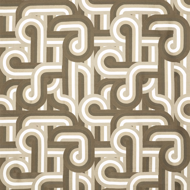 Taupe, cream and olive looping geometric textile with a softly woven surface