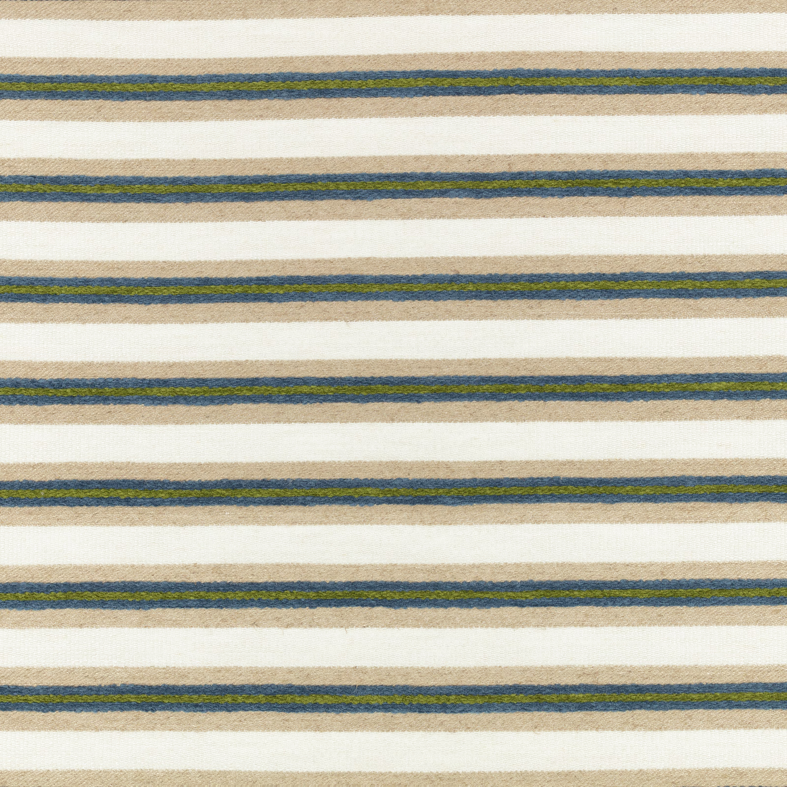 Cream woven fabric with horizontal olive, blue and charcoal stripes