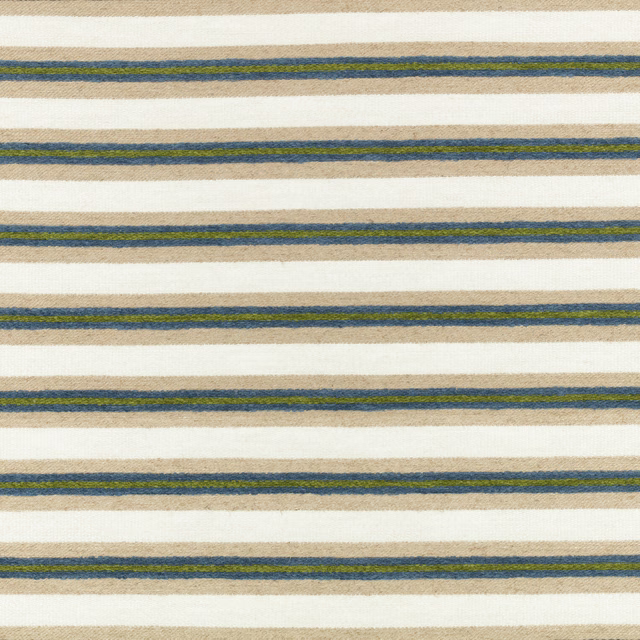 Cream woven fabric with horizontal olive, blue and charcoal stripes