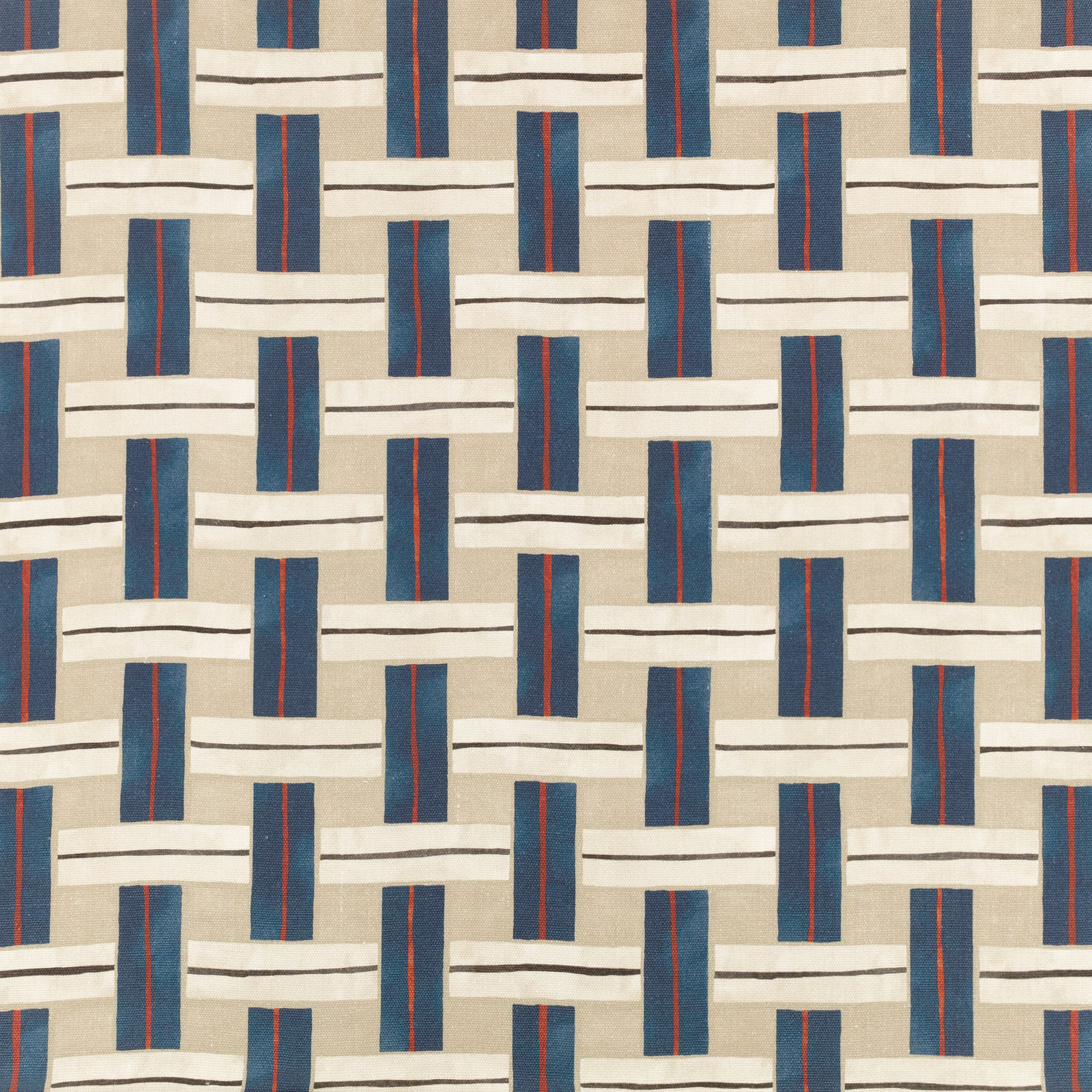 Warm oatmeal geometric textile with navy bars, rust stripes and charcoal linear accents