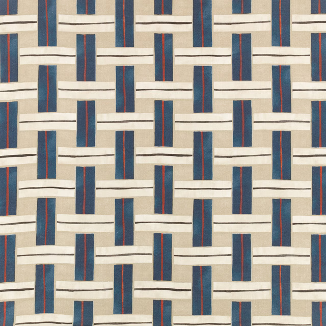 Warm oatmeal geometric textile with navy bars, rust stripes and charcoal linear accents