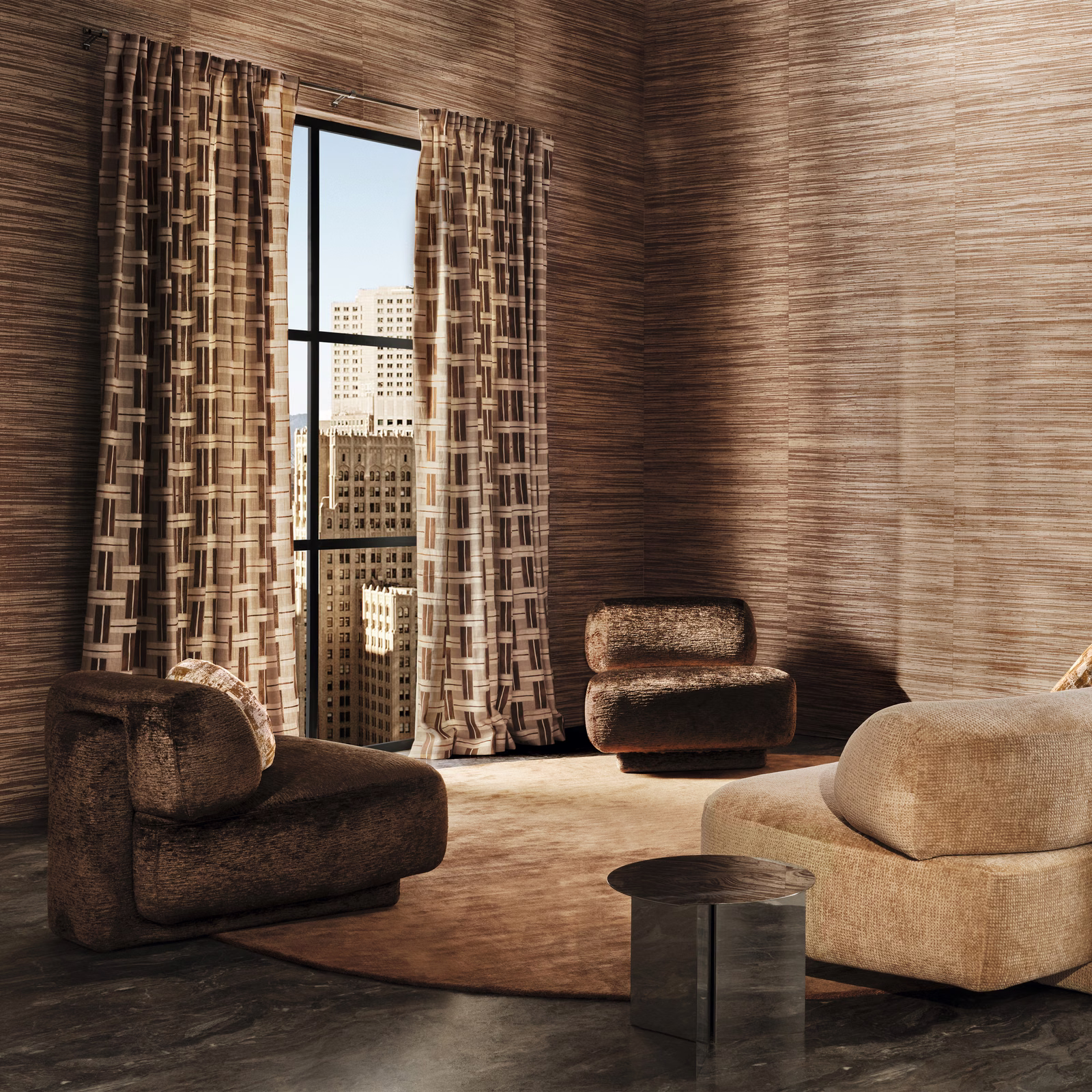 Warm tobacco-brown geometric textile with vertical ladder motifs in full-length curtains