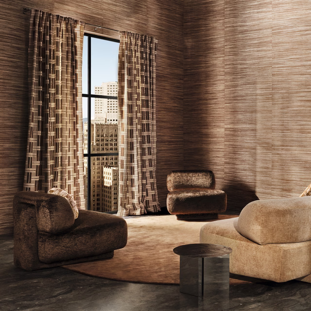 Warm tobacco-brown geometric textile with vertical ladder motifs in full-length curtains