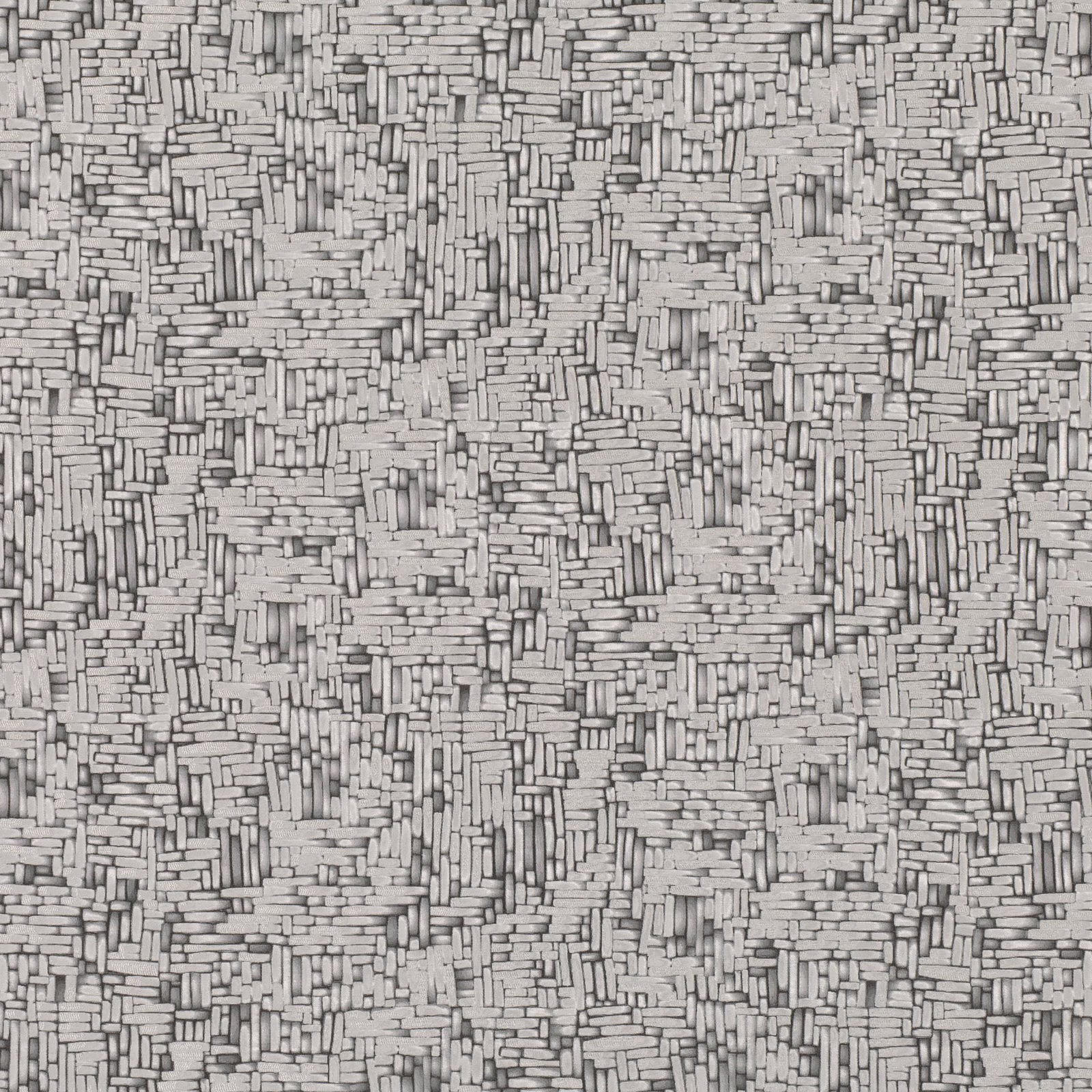 Close-up of pale mercury-grey fabric with dense irregular rectangular bar texture