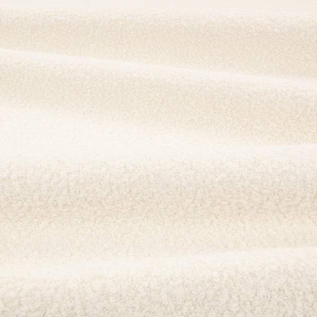 Warm ivory bouclé fabric with soft horizontal beige bands and dense looped texture