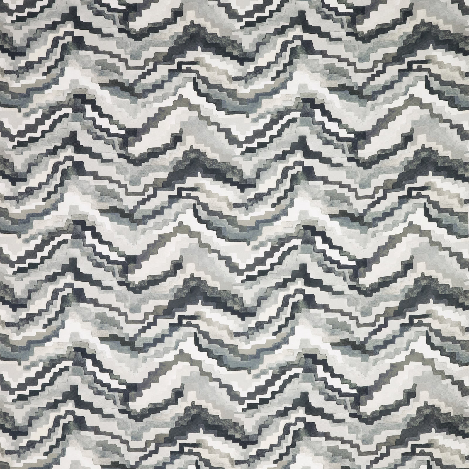 Smoke grey and ivory fabric with layered charcoal zigzag chevrons and painterly texture