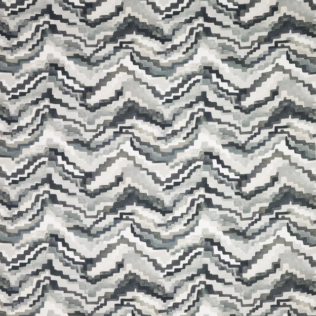 Smoke grey and ivory fabric with layered charcoal zigzag chevrons and painterly texture