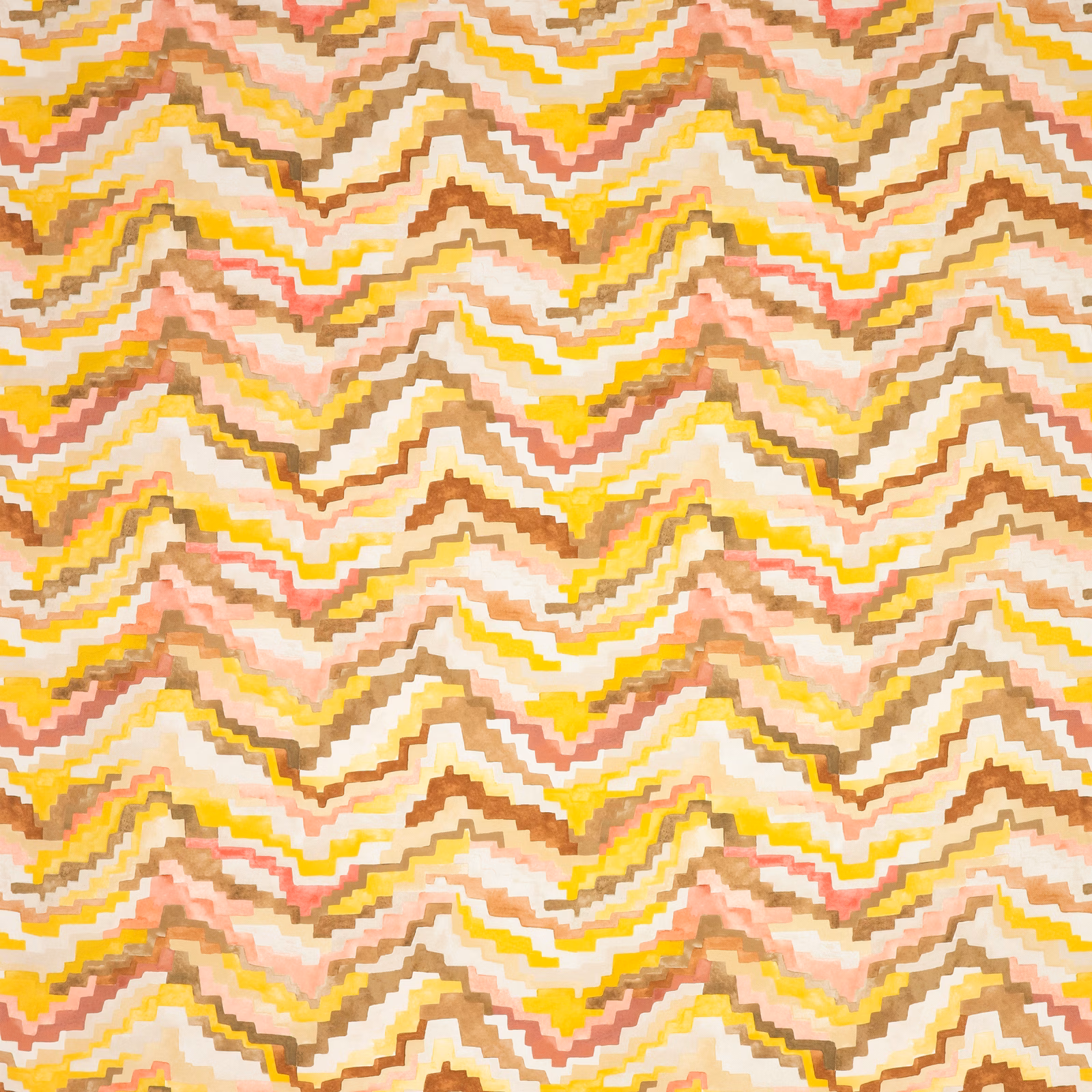 Cream outdoor textile with stepped yellow, blush, terracotta and brown chevrons