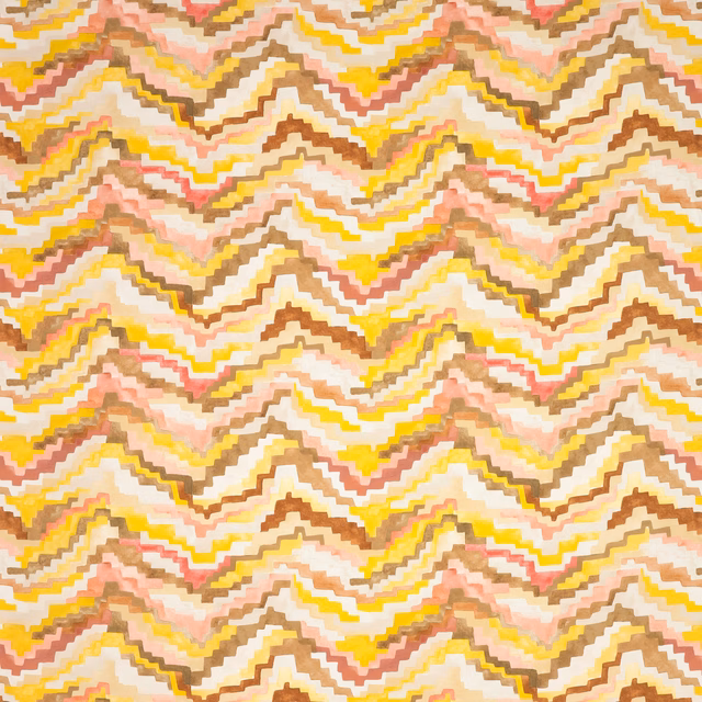 Cream outdoor textile with stepped yellow, blush, terracotta and brown chevrons