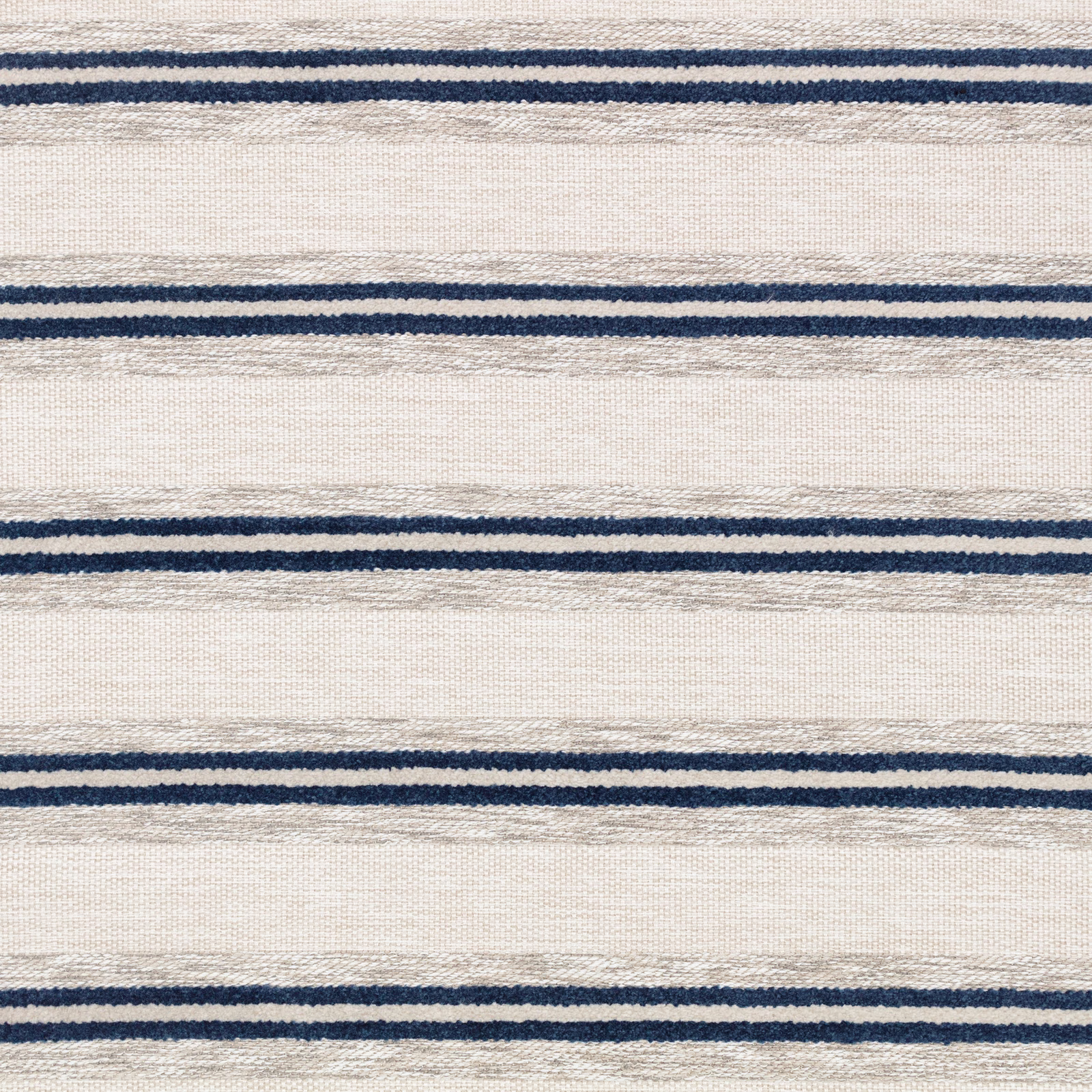 Cream woven ground with narrow navy horizontal stripes and soft grey texture