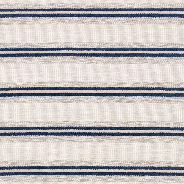 Cream woven ground with narrow navy horizontal stripes and soft grey texture