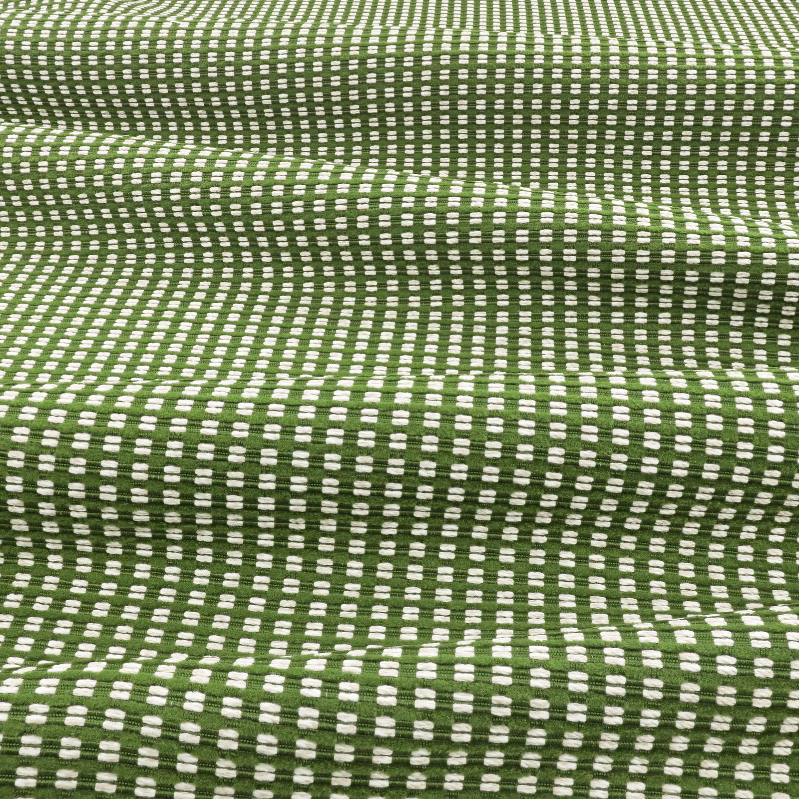 Moss-green outdoor weave with ivory broken-check marks and softly rippling texture