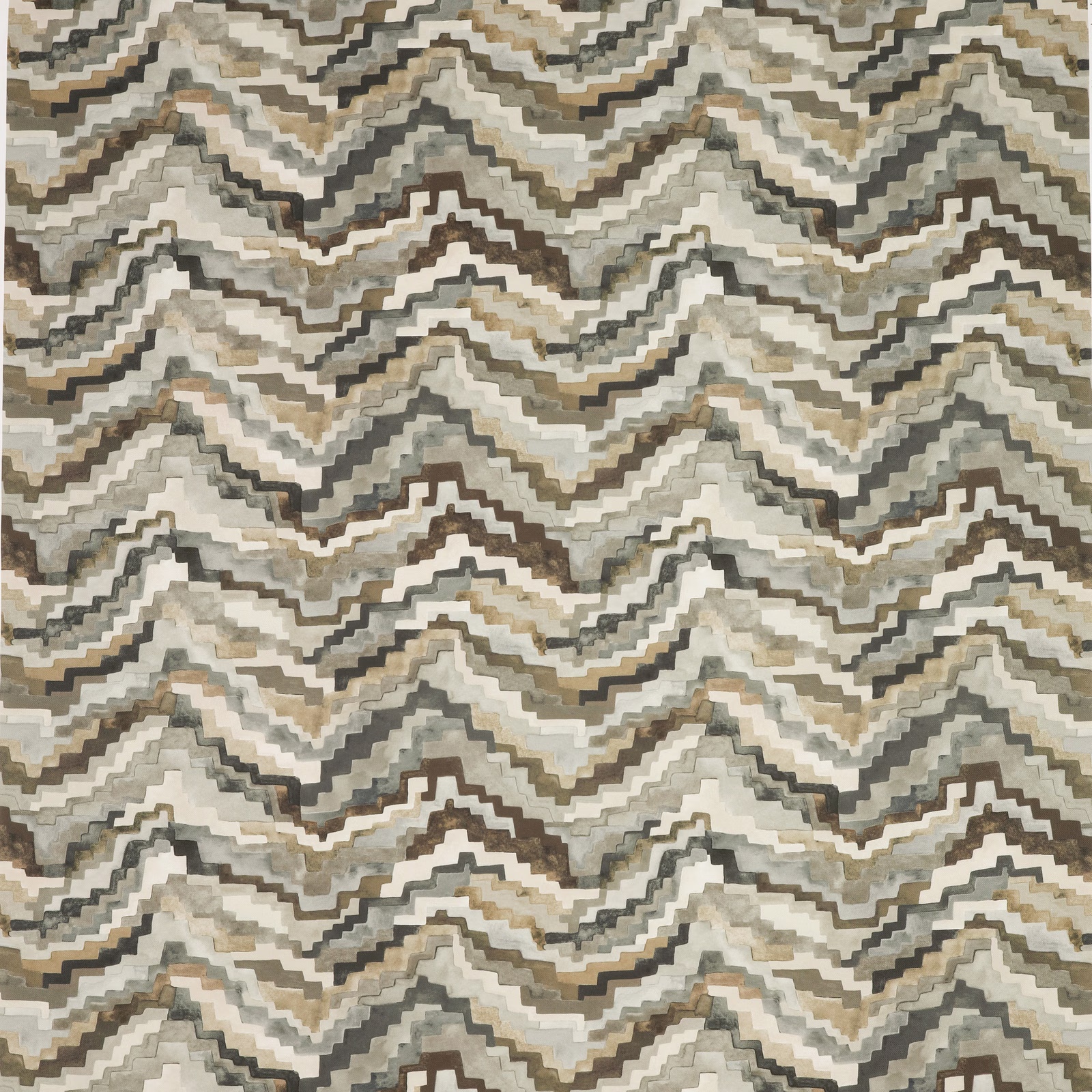 Muted taupe outdoor textile with layered cream, grey and brown zigzag waves