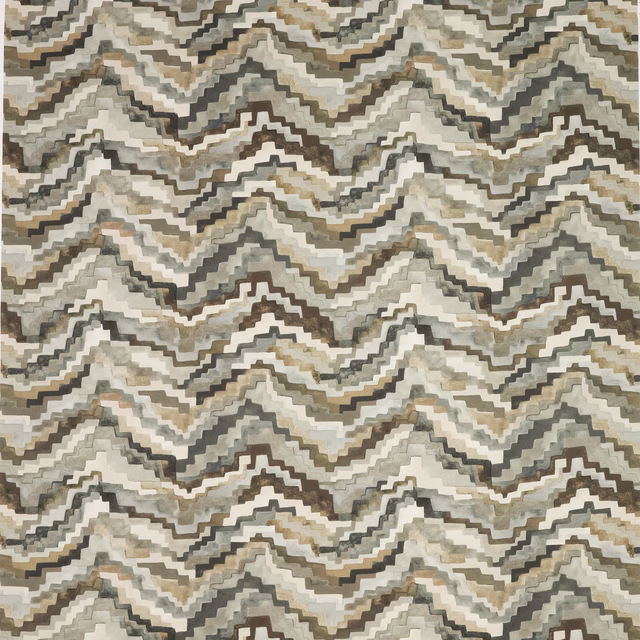 Muted taupe outdoor textile with layered cream, grey and brown zigzag waves