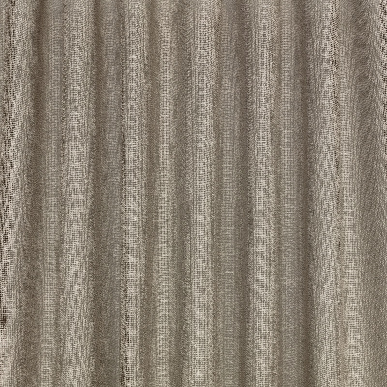 Warm taupe-grey sheer with fine open weave and softly gathered vertical folds