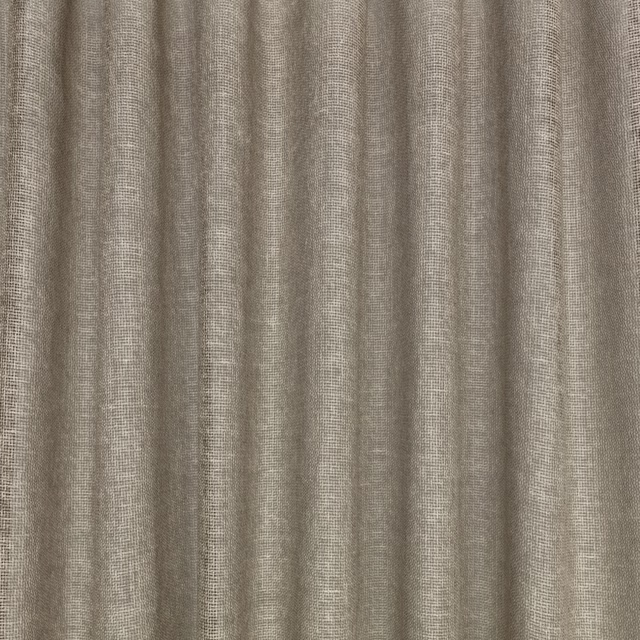Warm taupe-grey sheer with fine open weave and softly gathered vertical folds