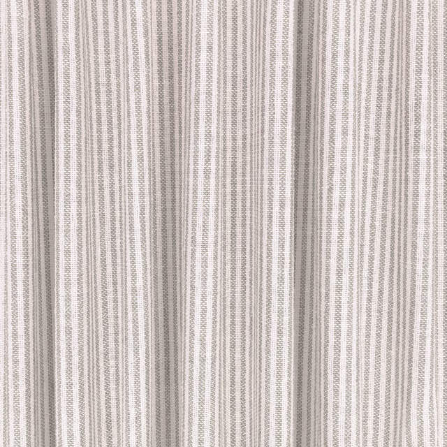 Fine taupe sheer with narrow vertical grey stripes and a lightly textured weave