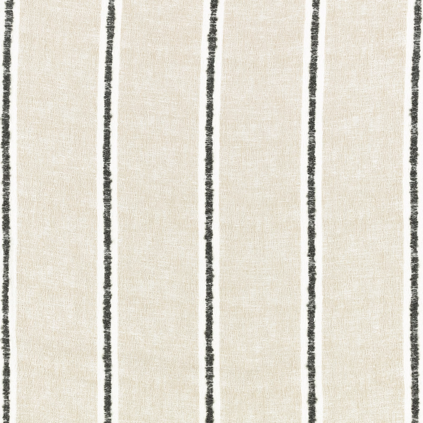 Pale ivory sheer with irregular charcoal-black vertical stripes and a fine linen-like weave