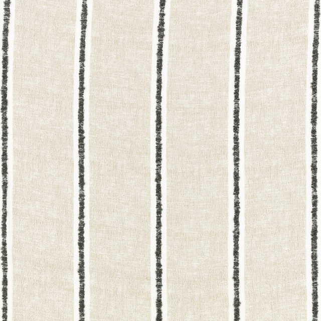 Pale ivory sheer with irregular charcoal-black vertical stripes and a fine linen-like weave