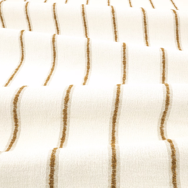 Ivory sheer fabric with irregular tobacco-brown vertical stripes and a fine textured weave
