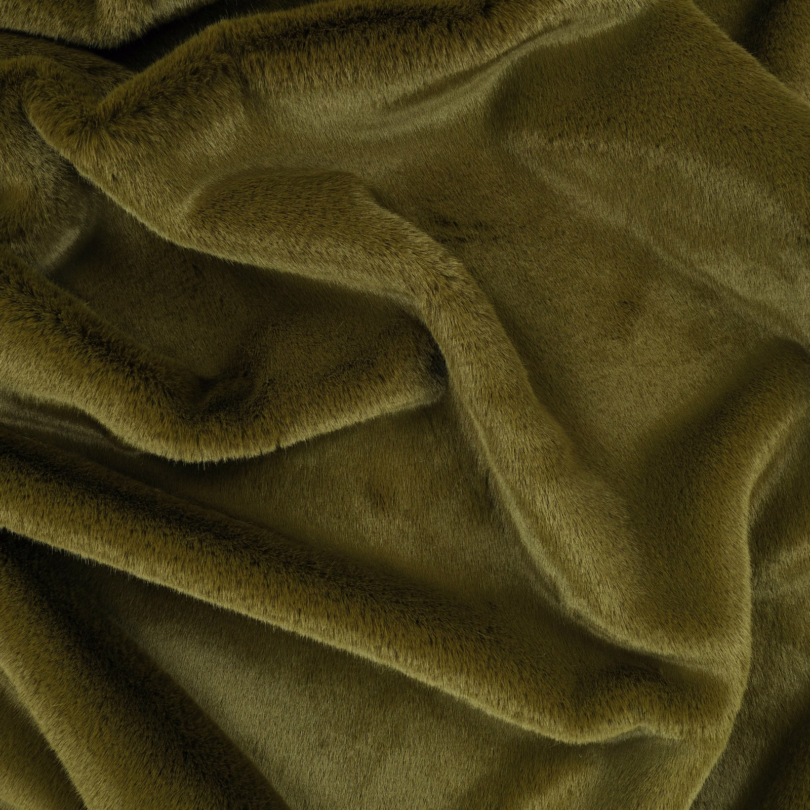 Deep olive-khaki plush pile fabric shown in softly folded, light-catching layers