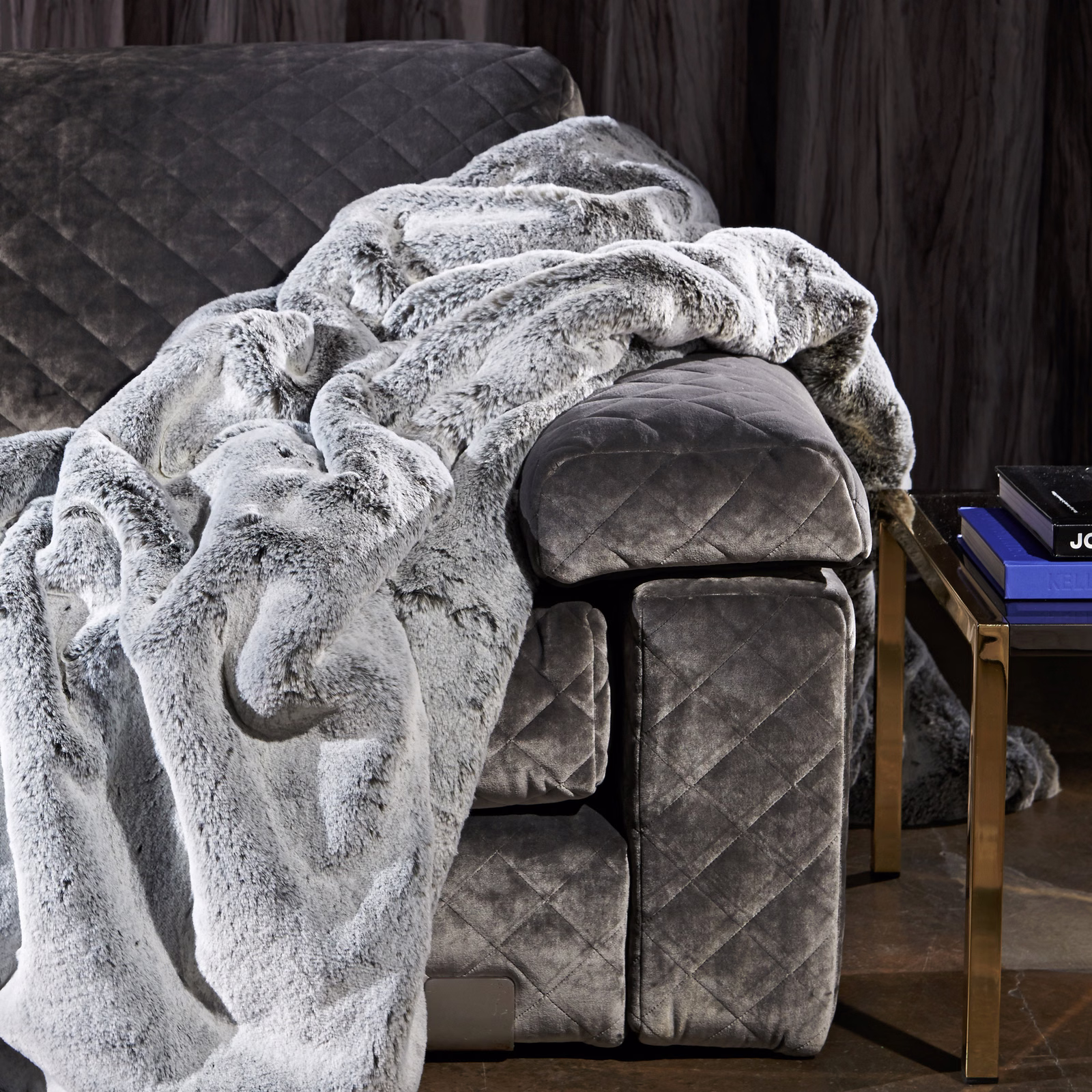Pale silver-grey plush pile with softly mottled highlights and deep tactile folds