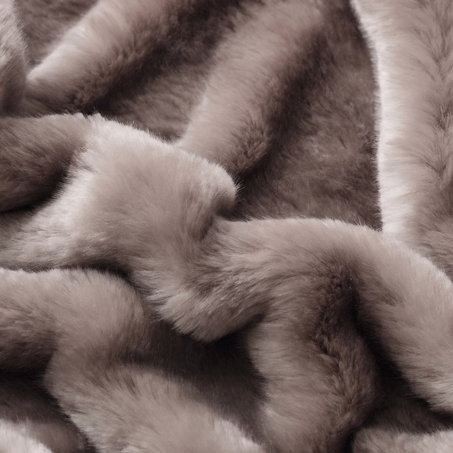 Mushroom taupe plush pile in broad overlapping brown bands