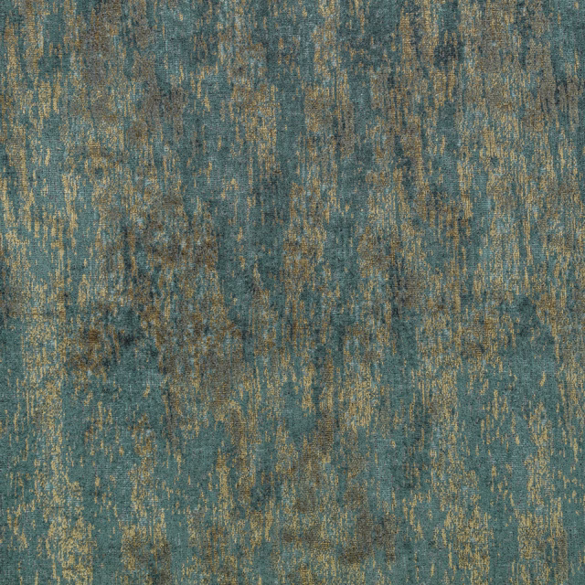 Marine teal woven fabric with mottled ochre vertical striations and tactile texture