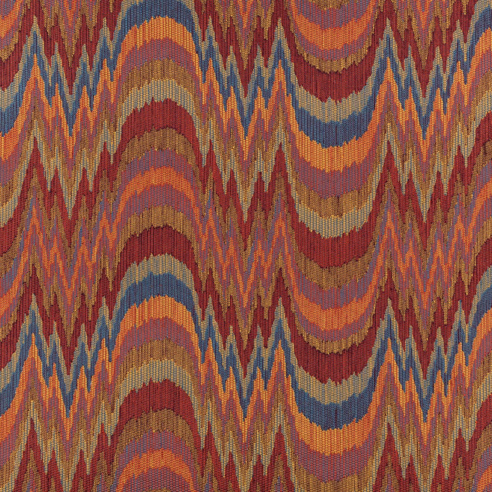 Rust, ochre, blue and plum undulating stripes in a textured woven surface
