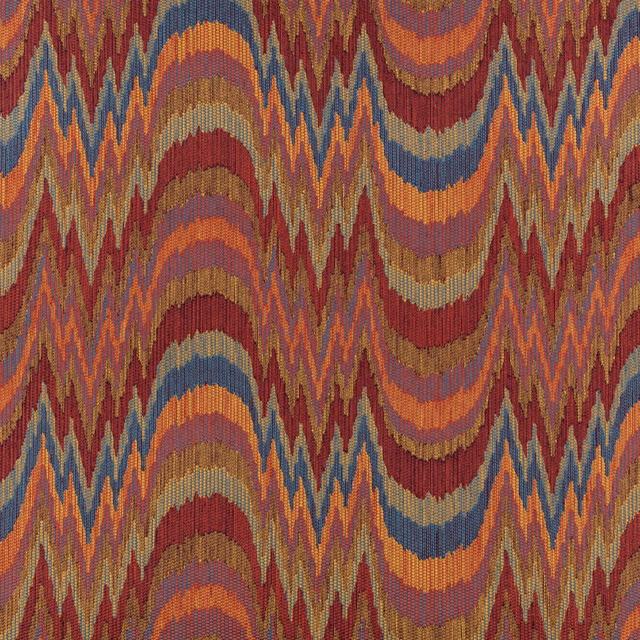 Rust, ochre, blue and plum undulating stripes in a textured woven surface