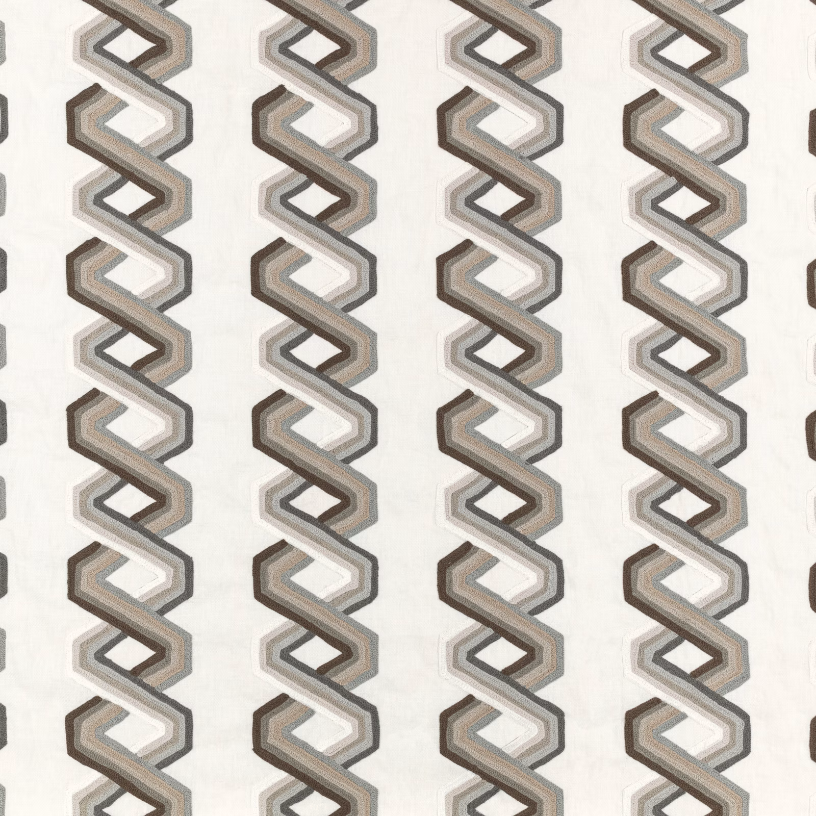 Warm ivory fabric with repeating taupe and charcoal interlocking geometric bands