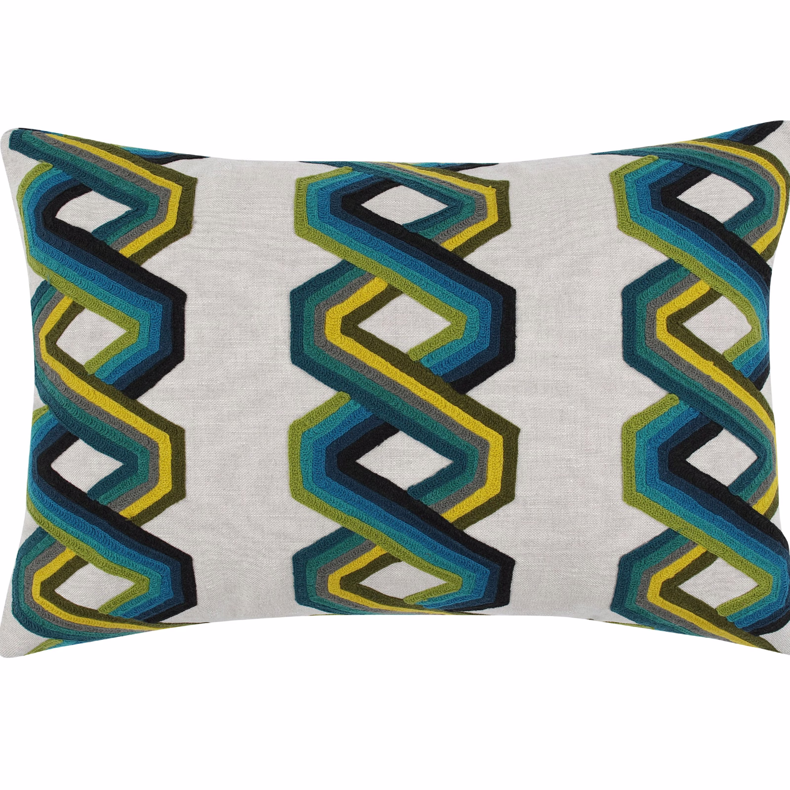 Light grey cushion with interlocking teal, blue, navy, mustard and olive geometric bands