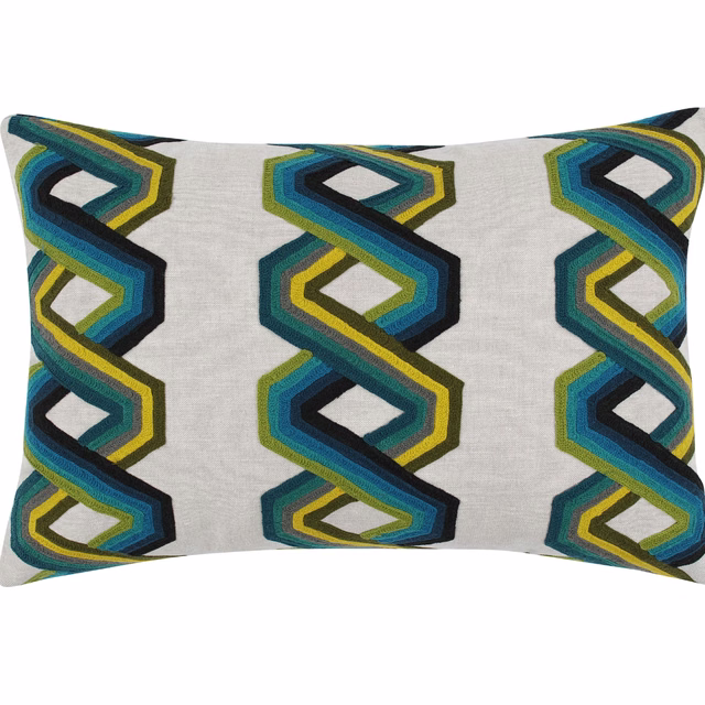 Light grey cushion with interlocking teal, blue, navy, mustard and olive geometric bands