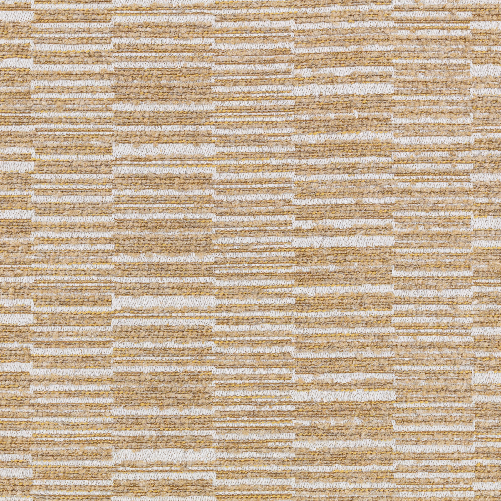 Warm straw and ivory woven fabric with irregular horizontal bands and tactile texture