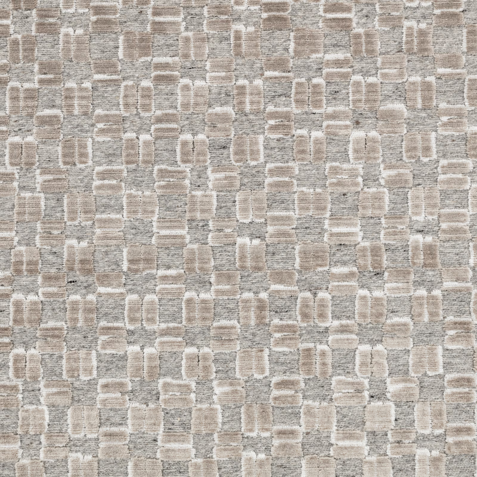 Warm beige woven fabric with taupe grey rectangular blocks and tactile slubbed texture