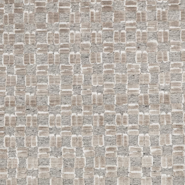 Warm beige woven fabric with taupe grey rectangular blocks and tactile slubbed texture