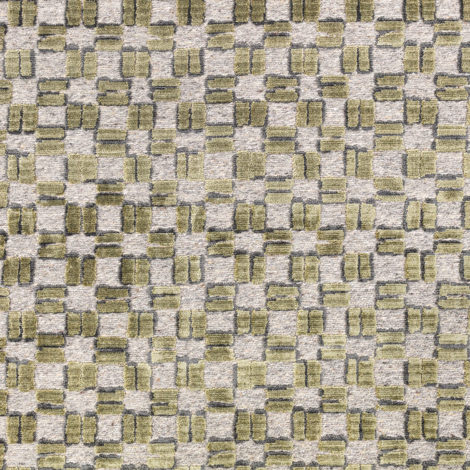 Textured olive and pale grey woven fabric with outlined rectangular blocks