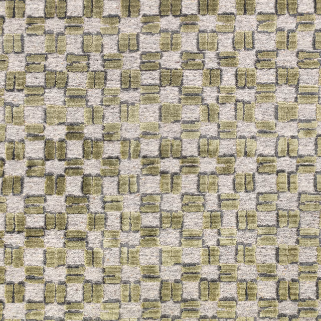 Textured olive and pale grey woven fabric with outlined rectangular blocks