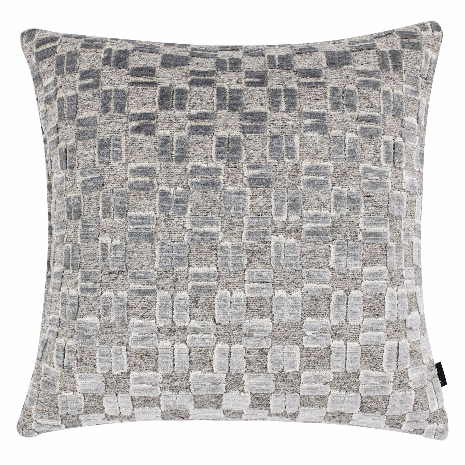 Pale seafoam-grey woven cushion with tactile rectangular blocks and charcoal-grey accents