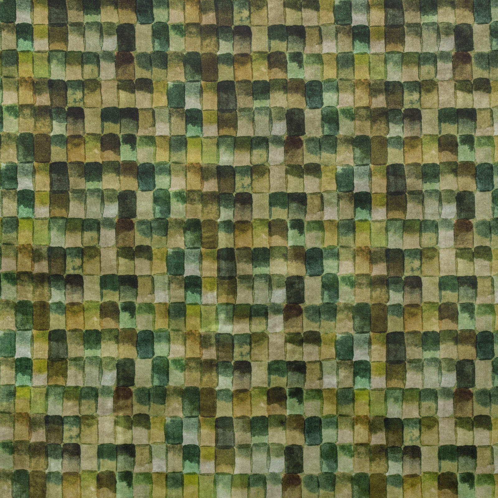 Moss green textile with irregular olive, khaki and brown woven blocks