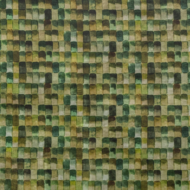 Moss green textile with irregular olive, khaki and brown woven blocks