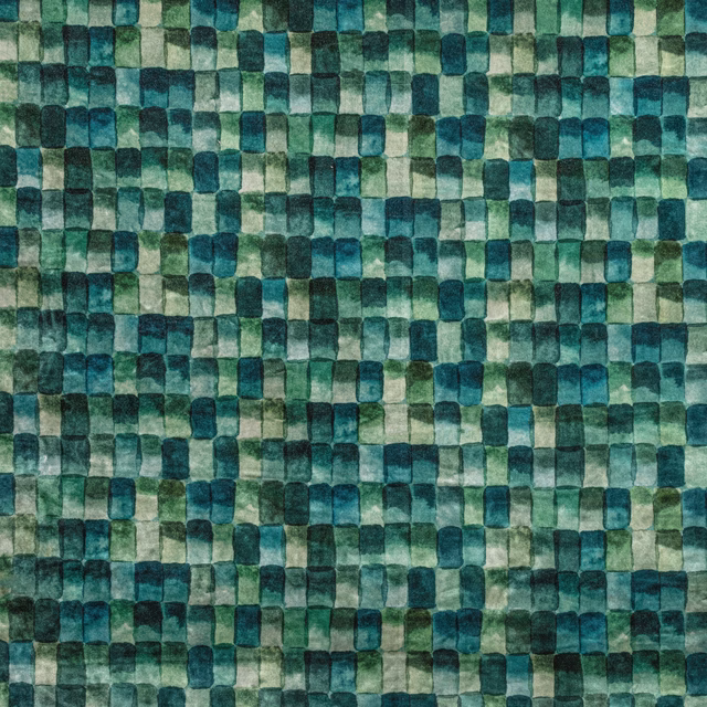 Peacock teal textile with small mottled aqua, emerald and navy mosaic blocks