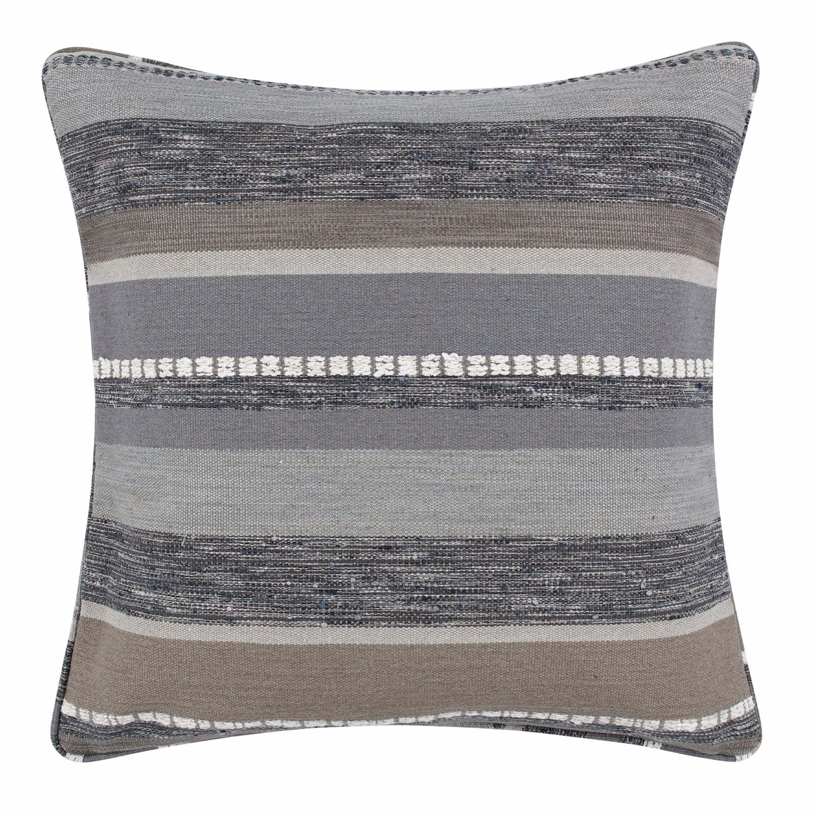 Mineral-grey woven cushion with charcoal, ivory and taupe horizontal bands