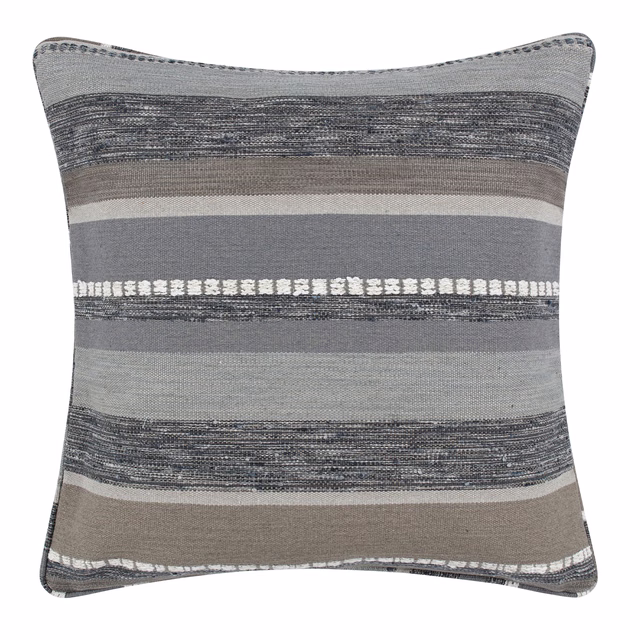 Mineral-grey woven cushion with charcoal, ivory and taupe horizontal bands