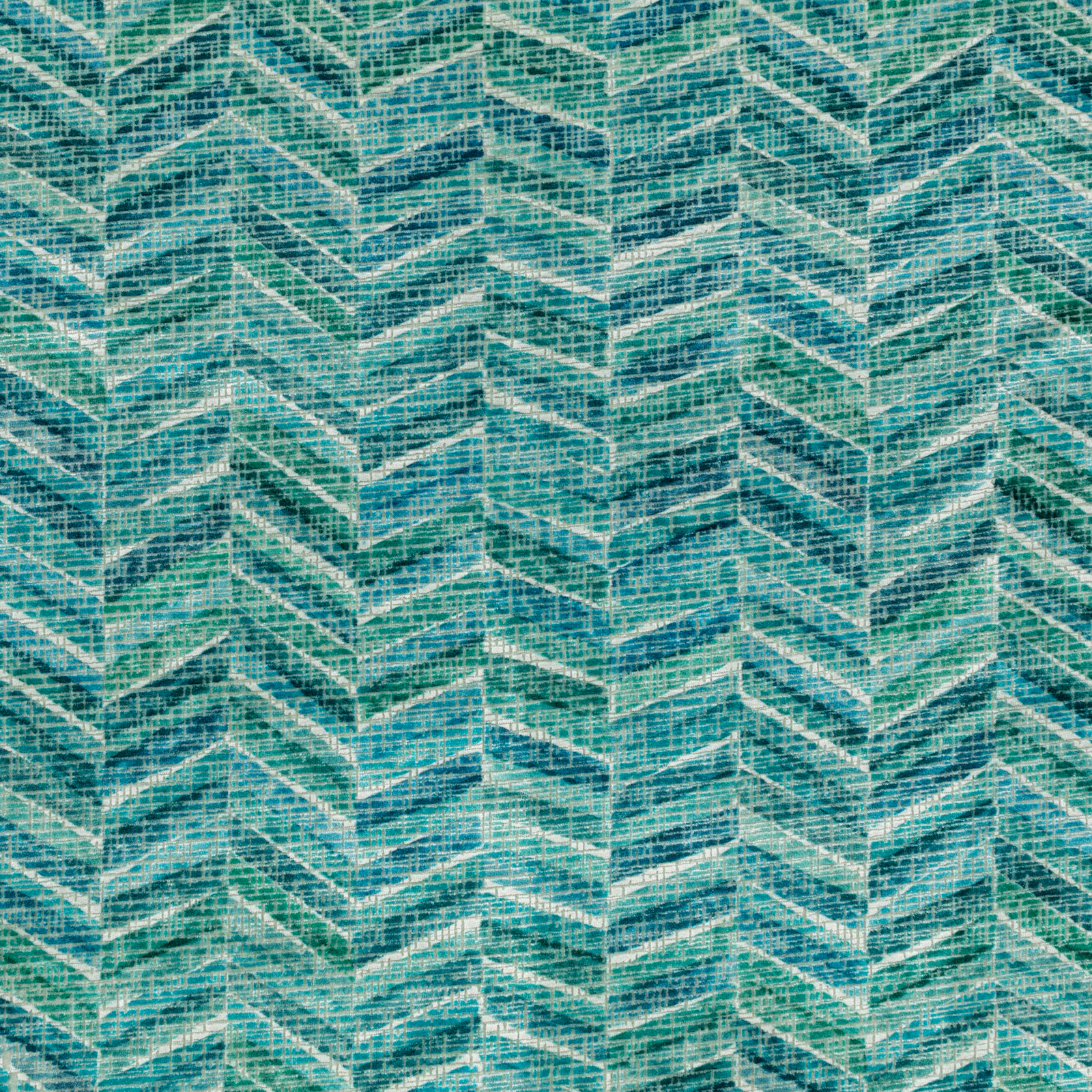 Peacock teal woven textile with layered pale chevrons and irregular slubbed texture